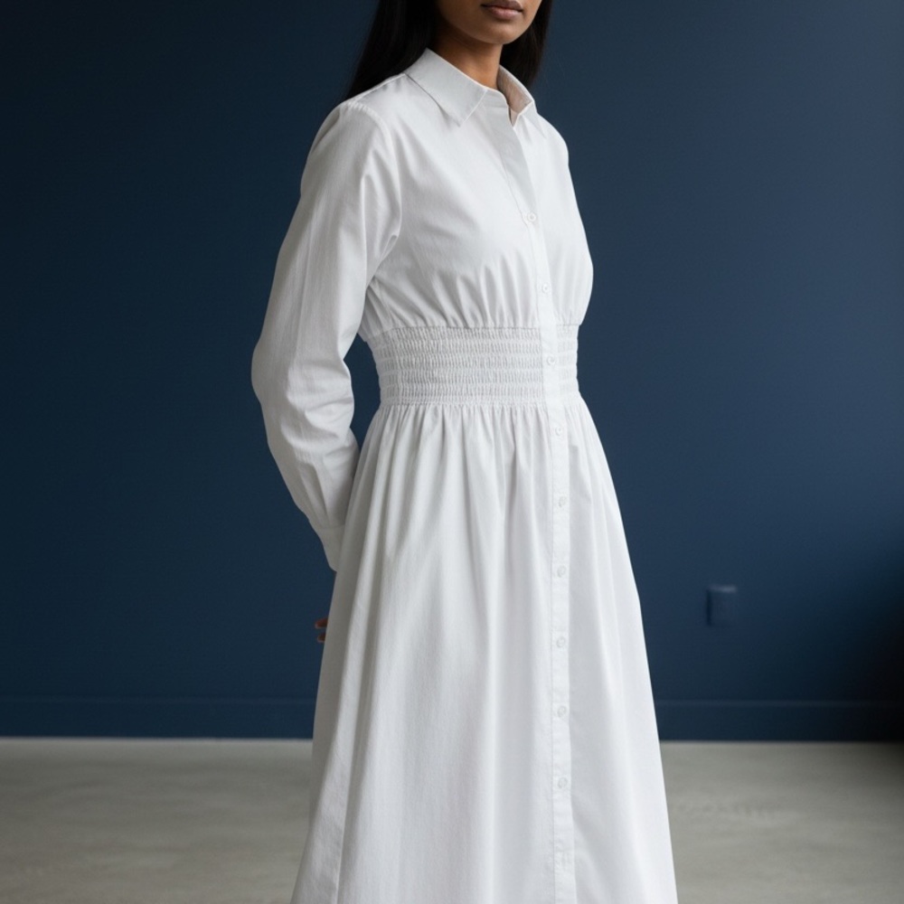 Universal Standard White Smocked Shirt Dress Cotton Button Front Size S